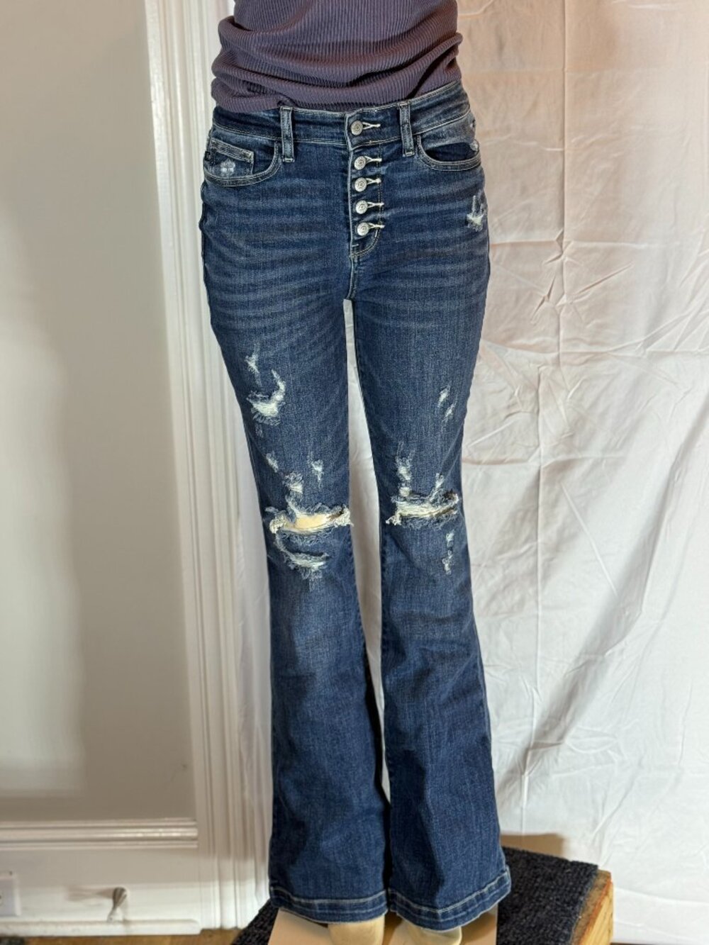 Judy Blue stretch Trouser Flare Ripped Button Fly Jeans Women's 7/28 see descr.